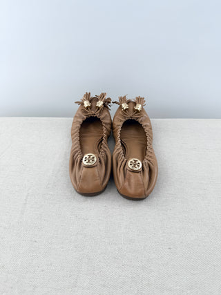 Tory Burch Reva Scrunch Leather Slip On Ballet Flats Brown Women's Size US 9