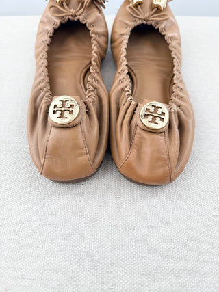 Tory Burch Reva Scrunch Leather Slip On Ballet Flats Brown Women's Size US 9