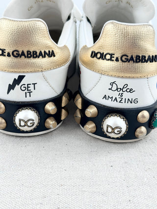 Dolce and Gabbana portofino sneakers crafted in leather with graffiti-inspired design, handwritten motifs, finished with decorative embellishments at heel, 39.5