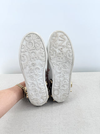 Dolce and Gabbana portofino sneakers crafted in leather with graffiti-inspired design, handwritten motifs, finished with decorative embellishments at heel, 39.5