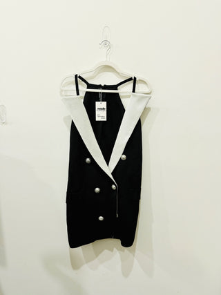 Balmain knit mini sleeveless dress with white shawl neckline, FR 40 / US 8