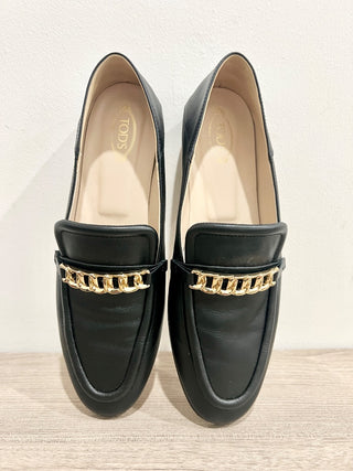Tod's Calf Leather Slip On Flat Loafer with Gold Chain Catena Black Women's 39 / 8.5
