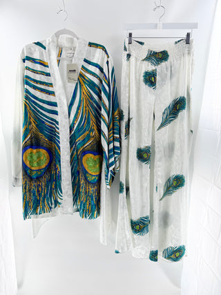 Gold of Suns White silk peacock kimono set, Top one size / bottom M
