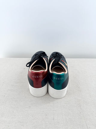 Gucci Ace platform sneakers crafted in smooth leather featuring iconic green and red web stripe with embroidered gold bee detail, finished with chunky platform sole, 38.5