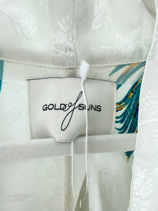 Gold of Suns White silk peacock kimono set, Top one size / bottom M