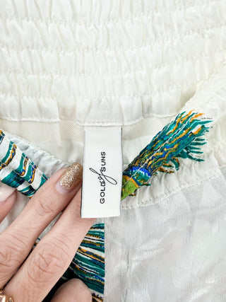 Gold of Suns White silk peacock kimono set, Top one size / bottom M