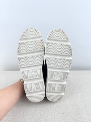 Gucci Ace platform sneakers crafted in smooth leather featuring iconic green and red web stripe with embroidered gold bee detail, finished with chunky platform sole, 38.5