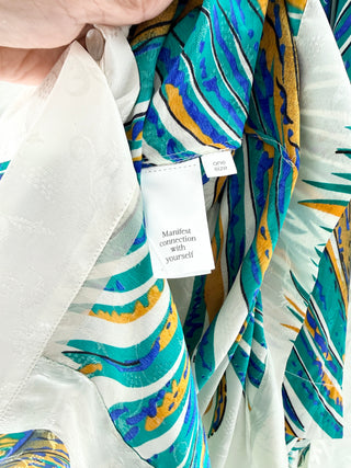 Gold of Suns White silk peacock kimono set, Top one size / bottom M