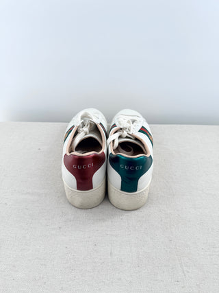 Gucci Ace platform sneakers crafted in smooth leather with iconic green and red web stripe and embroidered gold bee detail, finished with metallic heel tabs, and chunky platform rubber sole, 38.5