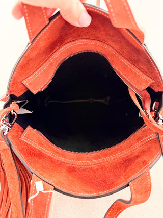 Prune circular suede bag