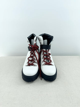 Moncler Blanche ankle boots crafted in grained leather with chunky lug soles, block heel, and logo-detailed ankle strap, 39.5