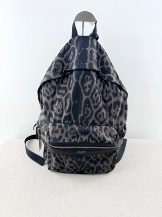 Saint Laurent Nylon Leopard Print Foldable City Large Backpack Black Gray