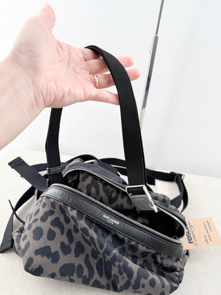 Saint Laurent Nylon Leopard Print Foldable City Large Backpack Black Gray