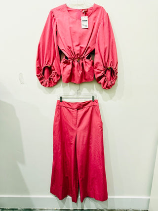 matching set blouse with large sleeves and wide cropped leg pants, top L / bottom size 10
