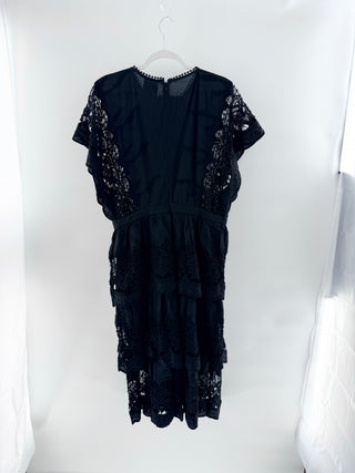 NWT Farm Rio Black Richelieu Ruffle Tiered Midi A-Line Dress Black Women's Large