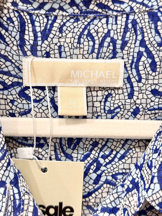 Michael Kors Coral Mosaic Georgette Short Sleeve Maxi Shirtdress Blue Women's XL