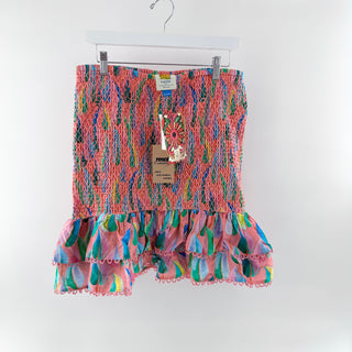 NWT Farm Rio Printed High Waisted Smocked Tiered Mini Skirt Pink Multi Women's L