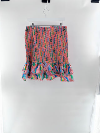 NWT Farm Rio Printed High Waisted Smocked Tiered Mini Skirt Pink Multi Women's L