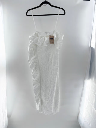 NWT Antonio Melani Elevated Social Ruffles Strapless Midi Dress White Womens 14