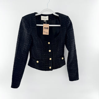 Assignment Bianca Square Neck Tweed Blazer with Gold Buttons Black Women's XS