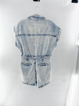 Blank NYC Head Backstage Acid Wash Denim Short Sleeve Romper Blue Women's Size L