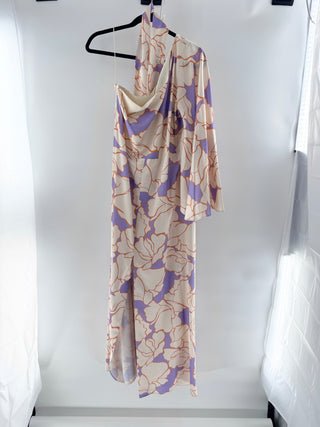 Alexis Leonette Satin Asymmetric One Shoulder Floral Maxi Dress Cream Purple L