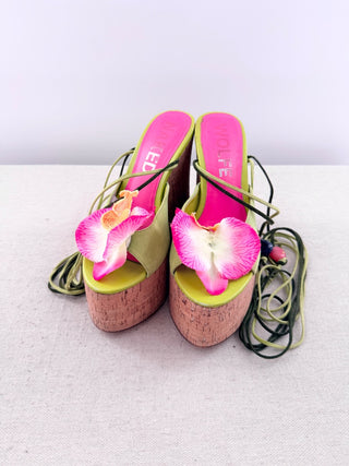Naked Wolfe Sunflower Suede Wedge Heel Strappy Sandals Green Pink Women's EU 37