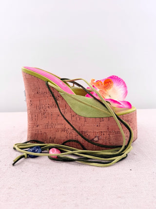 Naked Wolfe Sunflower Suede Wedge Heel Strappy Sandals Green Pink Women's EU 37