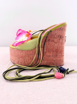 Naked Wolfe Sunflower Suede Wedge Heel Strappy Sandals Green Pink Women's EU 37