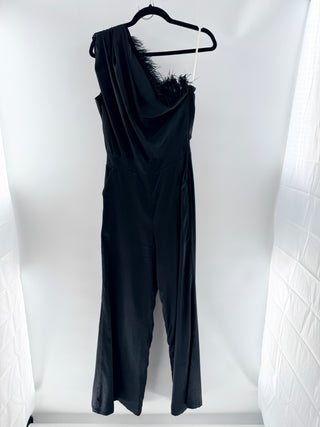 Azulu Black one shoulder feather jumpsuit, S