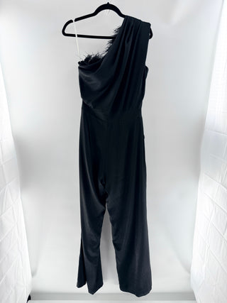 Azulu Black one shoulder feather jumpsuit, S