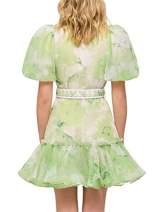 NWT Leo Lin Sophie Jasmine Bishop Sleeve Belted Mini Dress Green AUS 8 / US 4