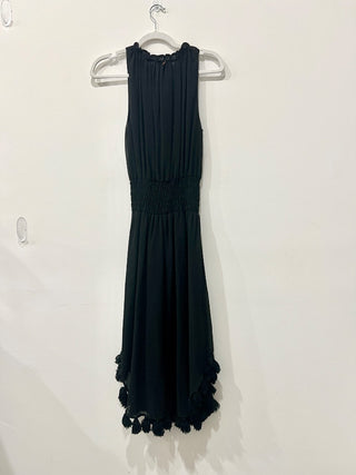 MISA Los Angeles Athena Smocked Waist Fringe Hem Chiffon Midi Dress Black XS