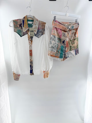 Zimmermann White ramie patchwork paisley blouse and shorts, 1 / S