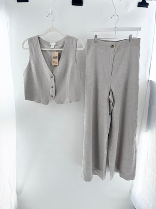 House Of Harlow Tropical Print Satin Vest & Wide Leg Pants Set Gray Womens Large