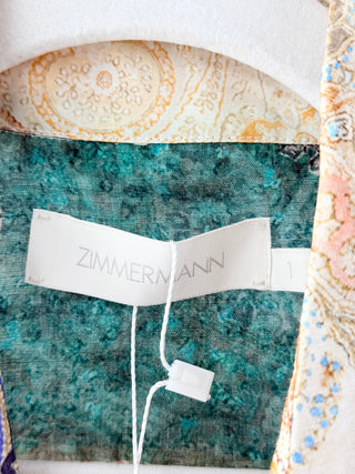 Zimmermann White ramie patchwork paisley blouse and shorts, 1 / S