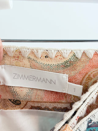 Zimmermann White ramie patchwork paisley blouse and shorts, 1 / S