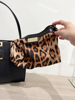Roberto Cavalli leather top handle bag with leopard pouch
