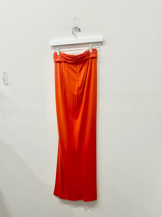 Ronny Kobo Blythe Draped Ruched High Rise High Slit Maxi Skirt Tangerine Small
