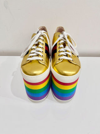 Gucci Metallic Nappa Peggy Rainbow Platform Sneaker Shoes Gold Women's Size 36.5