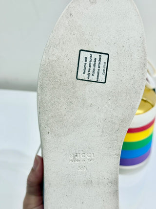 Gucci Metallic Nappa Peggy Rainbow Platform Sneaker Shoes Gold Women's Size 36.5