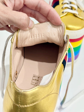 Gucci Metallic Nappa Peggy Rainbow Platform Sneaker Shoes Gold Women's Size 36.5