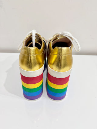 Gucci Metallic Nappa Peggy Rainbow Platform Sneaker Shoes Gold Women's Size 36.5