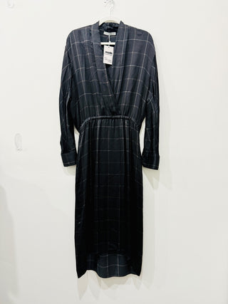 VINCE 100% Silk Grid Plaid Long Sleeve Faux Wrap Midi Dress Black Women's Size L
