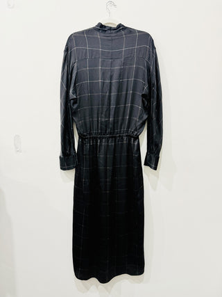 VINCE 100% Silk Grid Plaid Long Sleeve Faux Wrap Midi Dress Black Women's Size L
