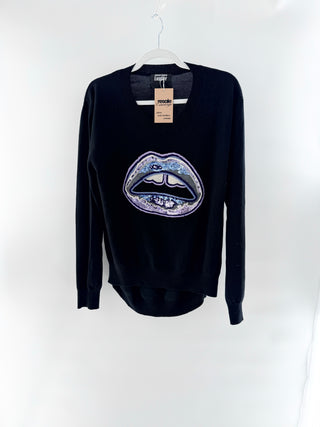 Markus Lupfer Merino Wool Sequin-Embellished Lip Sweater Black Women's Size S