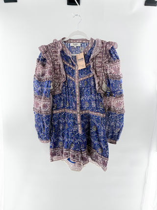 Sea New York Rosita Border Long Sleeve Ruffle Trim Short Romper Blue Women's Size 6