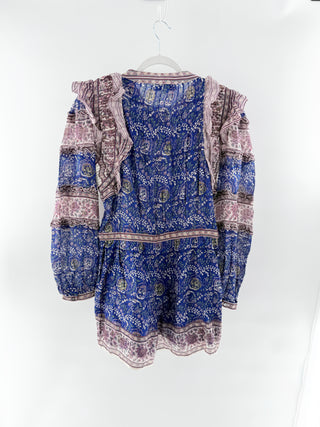 Sea New York Rosita Border Long Sleeve Ruffle Trim Short Romper Blue Women's Size 6