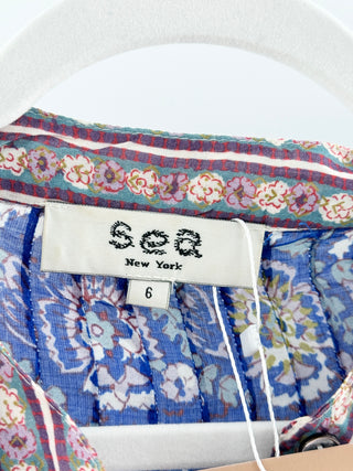 Sea New York Rosita Border Long Sleeve Ruffle Trim Short Romper Blue Women's Size 6