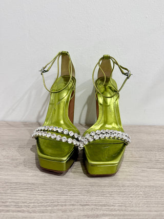 Alexandre Birman Lenny Metallic Leather Crystal Platform Sandals Avocado EU 36.5